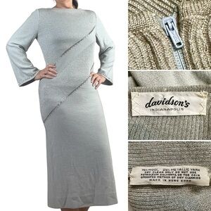 VINTAGE Davidsons Gray Silver Beaded Wool Dress